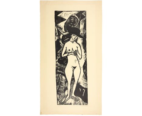 Ernst Ludwig Kirchner (Aschaffenburg 1880 - 1938 Davos)Akt mit schwarzem Hut1912Holzschnitt auf festem Japan66,5x21,7 cm, Dru