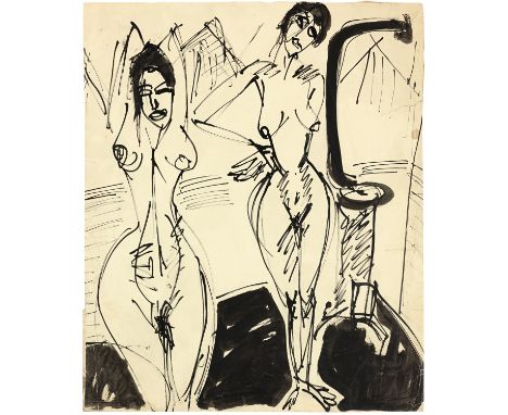Ernst Ludwig Kirchner (Aschaffenburg 1880 - 1938 Davos)Nackte Frauen am Ofen – Zwei nackte Frauen im Atelier1914Rohrfeder und