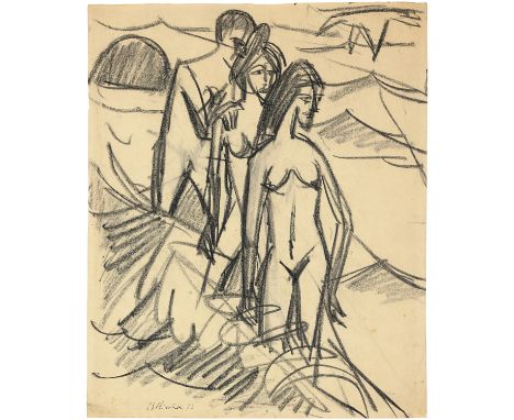 Ernst Ludwig Kirchner (Aschaffenburg 1880 - 1938 Davos)Drei Badende in der Welle1913Kohlezeichnung auf Velin49,7x40,4 cmSigna
