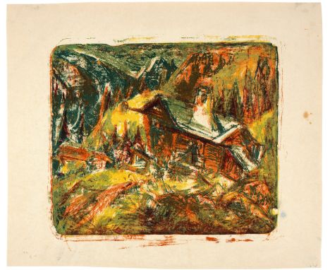 Ernst Ludwig Kirchner (Aschaffenburg 1880 - 1938 Davos)Berghaus, Stafelalp1919Farblithographie, Druck vom selben Stein in fün