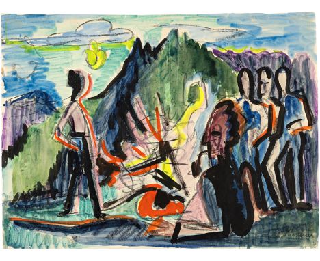 Ernst Ludwig Kirchner (Aschaffenburg 1880 - 1938 Davos)Das Feuer am 1. August1919Aquarell über Vorzeichnung in Kohle auf Veli