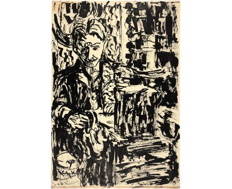 Ernst Ludwig Kirchner (Aschaffenburg 1880 - 1938 Davos)Portrait eines Mannes im Zimmer, wohl SelbstbildnisUm 1905Tuschpinselz
