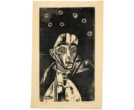 Ernst Ludwig Kirchner (Aschaffenburg 1880 - 1938 Davos)Frau in der Nacht 1919Holzschnitt, Druck in Schwarz auf bräunlichem Ja