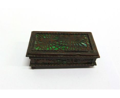 TIFFANY STUDIOS, A BRONZE AND GREEN GLASS 'SPIDERS WEB' STAMP BOX stamped Tiffany Studios-New York-801', with a three divisio