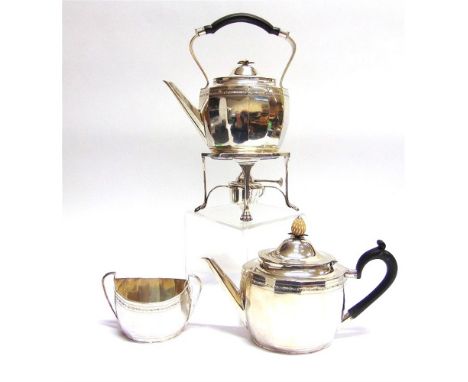 A MATCHED SCOTTISH SILVER TEAPOT  kettle on stand with burner, and sugar basib, by Hamilton & Inches, Edinburgh 1919 and 1922