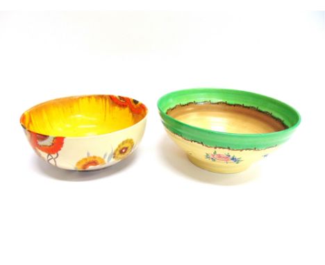 TWO CLARICE CLIFF WILKINSON FRUIT BOWLS:  one decorated in 'Rhodanthe' pattern 21cm diameter, the other in 'Pompadour' 24cm d