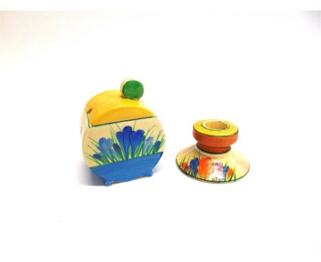 A CLARICE CLIFF BIZARRE PRESERVE POT  of 'bonjour' shape, decorated in blue crocus pattern, 11cm high; together with a Bizarr