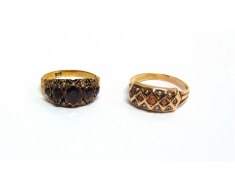 A LATE VICTORIAN STONE SET RING stamped '9ct', finger size N; and a late Victorian coral and pearl ring, unmarked, finger siz