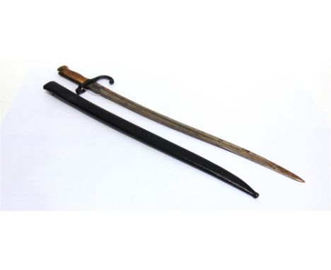 A FRENCH M1866 CHASSEPOT SWORD BAYONET  with a 57cm t-section steel blade, hooked quillon with ball finial, and brass grip an