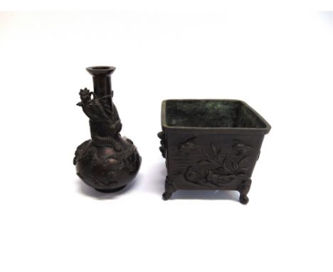 A JAPANESE MEIJI BRONZE VASE RELIEF DECORATED  with a dragon, 15.5cm high; together with a similar bronze square section cach