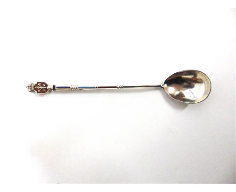 A RUSSIAN ENAMELLED SPOON  Cyrillic makers mark, untraced and droinik mark for St Petersburg 1882-1899, the stem with enamel 