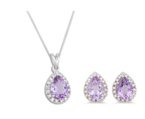 A DIAMOND AND AMETHYST PENDANT, the pear shaped amethyst to diamond surround, mounted in white gold, on a chain, together wit