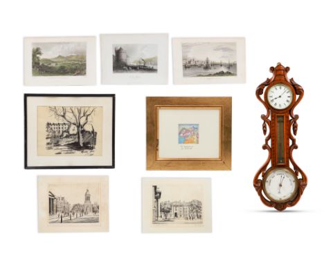 AN EDWARDIAN BANJO BAROMETER, the carved oak frame containing a clock, thermometer and aneroid barometer, ca 21" long togethe