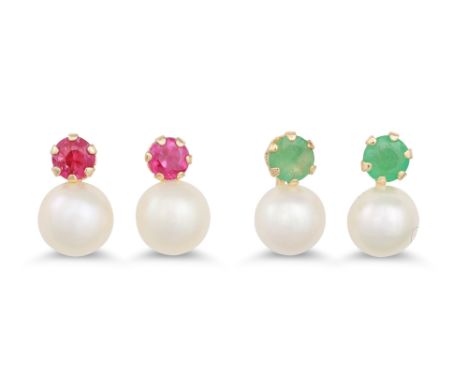 TWO PAIRS OF GOLD AND CULTURED PEARL EARRINGS, one emerald and one ruby