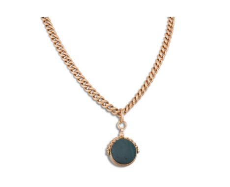 AN ANTIQUE 9CT GOLD ALBERT CHAIN, each link stamped, suspending a swivel seal set with carnelian and bloodstone