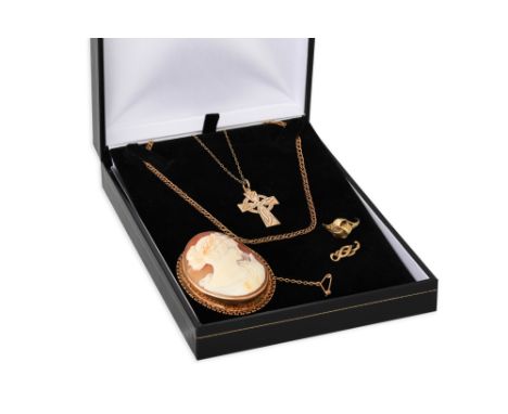 A COLLECTION OF GOLD ITEMS, to include a 1950s 9ct gold framed cameo brooch, hallmark O'Connor's Dublin 1951, a 9ct gold Celt