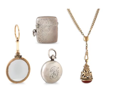 A VINTAGE SILVER VESTA CASE, together with a vintage silver sovereign case, an antique monocle pendant, a chain, a fob etc.