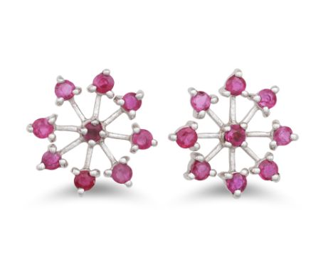 A PAIR OF DIAMOND AND RUBY EARRINGS, mounted in white gold