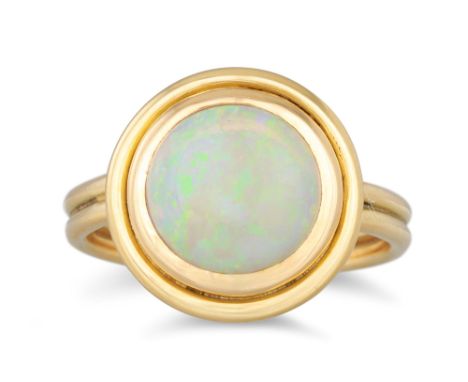 AN OPAL RING, the cabochon water opal mounted in 18ct yellow gold. Estimated: weight of opal: 2.50 ct. size P