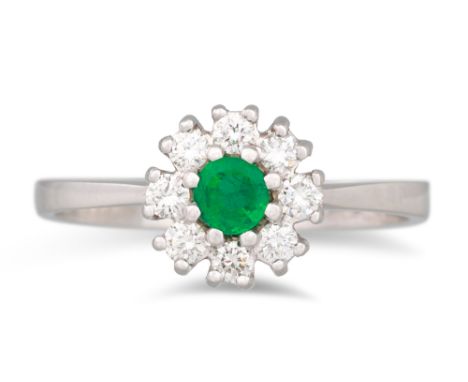 A DIAMOND AND EMERALD CLUSTER RING, mounted in 14ct white gold. Estimated: weight of emeralds: 0.15 ct, diamonds: 0.25 ct. co