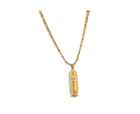 AN 18CT GOLD FANCY LINK NECK CHAIN, together with a gold Egyptian pendant, 18 g.