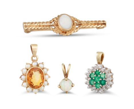 AN OPAL BROOCH, mounted in 9ct gold together with three pendants, gross weight 6.7 g.