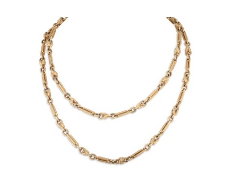 A 9CT YELLOW GOLD SOLID TROMBONE LINK NECK CHAIN, ca 29" long, 47.7 g.