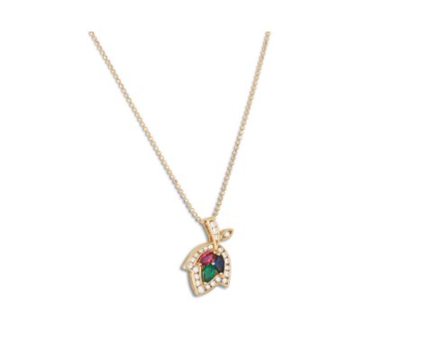 AN EMERALD, RUBY, SAPPHIRE AND DIAMOND PENDANT, mounted in 14ct yellow gold, on a chain. Estimated: weight of diamonds: 0.25 