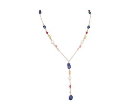 A SAPPHIRE, RUBY, TOURMALINE AND PEARL NECKLACE, gold chain link