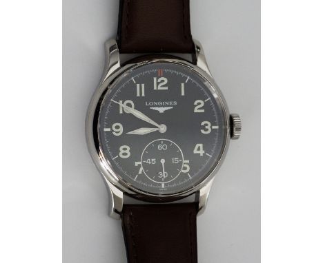 A Longines Heritage Military all stainless steel case, wrist watch. The black dial 47mm with luminous Arabic numerals, subsid