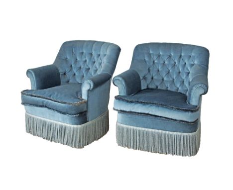 Cypriot, Pambos Savvides pair of sofa armchairs, corbeille shaped, buttoned backs, loose seat cushions, blue velvet upholster