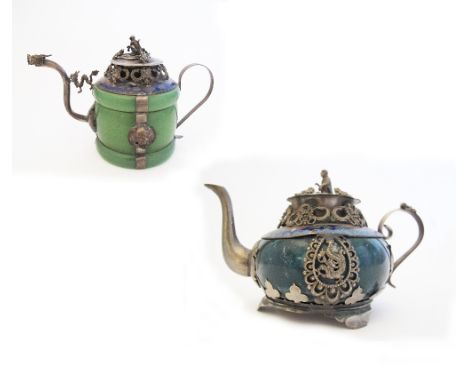Two Chinese decorative green marble and jade miniature teapots / incense burners, cloisonné shoulders and white metal mounts,