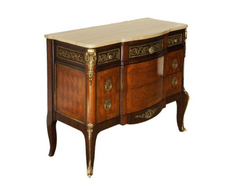 A French Transition style three drawer commode, parquetry veneered and brass mounted, marble top, early 20th century, W100cm,