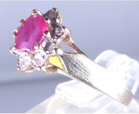 14ct gold ruby and diamond cluster ring, size M