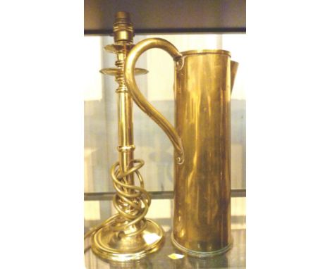 Trench art jug and a brass table lamp 