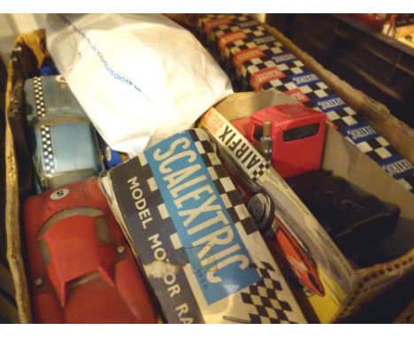 Box of Scalextric model racing set including cars 