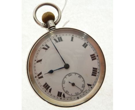 SILVER OPEN FACED POCKET WATCH, with Swiss keyless movement, white Roman dial with subsidiary seconds dial, in engine turned 