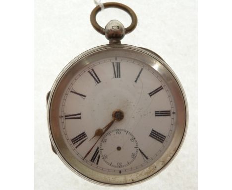 LATE VICTORIAN SILVER OPEN FACED POCKET WATCH, with keywind movement, white Roman dial with subsidiary seconds dial (lacks se