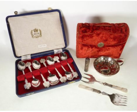 ENGINE TURNED SILVER NEEDLE CASE, Birmingham 1918, A PLUSH RED VELVET SEWING CASE WITH MOTHER OF PEARL HANDLED IMPLEMENTS AND