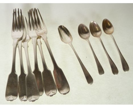 FIVE VICTORIAN SILVER FIDDLE HANDLED FORKS, Exeter 1845, ANOTHER SILVER FIDDLE HANDLED FORK, London 1841, A SILVER MEDICINE S