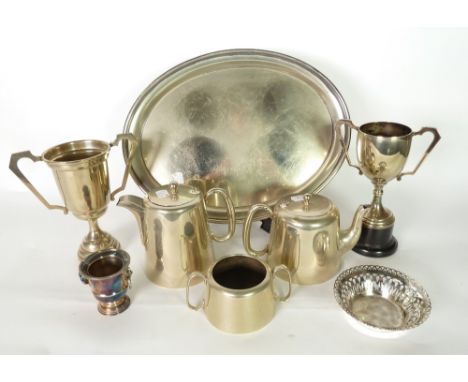 ELECTROPLATE FOUR PIECE HOTEL TEA SERVICE WITH OVAL TRAY, THREE ELECTROPLATED TROPHY CUPS AND SIX PIECES OF SUNDRY PLATED WAR