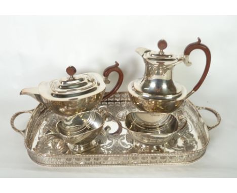 PRESTONS LTD. SILVER PLATE FOUR PIECE TEA SERVICE AND CHASED GALLERY TRAY
