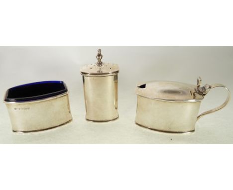 THREE PIECE SILVER CONDIMENT SET, by W.H HASELER, angular form with blue glass liners, Birmingham 1933, 3.65oz (3)