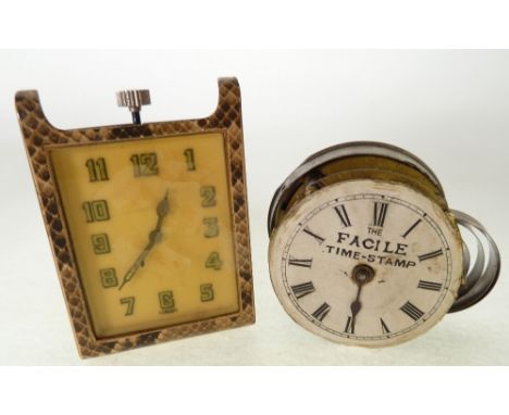 'THE FACILE TIME-STAMP' IN BRASS DRUM SHAPED CASE, 2 1/4" high and an  ART DECO TRAVELLING CLOCK in metal snake skin pattern 