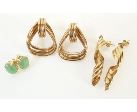 A PAIR OF 9ct WIREWORK EARRINGS, ANOTHER PAIR OF 9ct GOLD EAR PENDANTS, and a  PAIR OF 18ct GOLD GREEN JADE SET EAR STUDS (6)