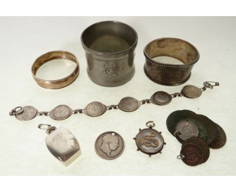 KAYSERZINN, PEWTER NAPKIN RING, with floral design, TWO SILVER NAPKIN RINGS, A SILVER PERFUME FLASK PENDANT, A BRACELET WITH 