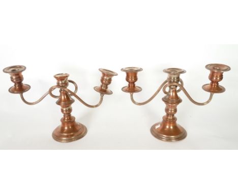 PAIR OF SILVER PLATED ON COPPER THREE LIGHT TWO BRANCH CANDELABRA, 7 1/2" HIGH (WORN) (2) 