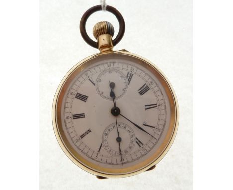 18CT GOLD CASED OPEN FACE CHRONOGRAPH, keyless movement, roman dial, two subsidiary dials, continental hallmarks, case 5cm di