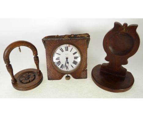 EDWARD, GLASGOW, JUMBO POCKET WATCH STYLE TRAVELLING CLOCK, with 8 day's movement in incomplete pigskin case and  TWO CARVED 