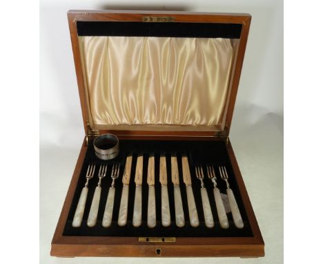 SIX PAIRS OF SILVER FRUIT KNIVES AND FORKS, with mother of pearl handles, Sheffield 1936, in walnut case, AND A SILVER ENGINE